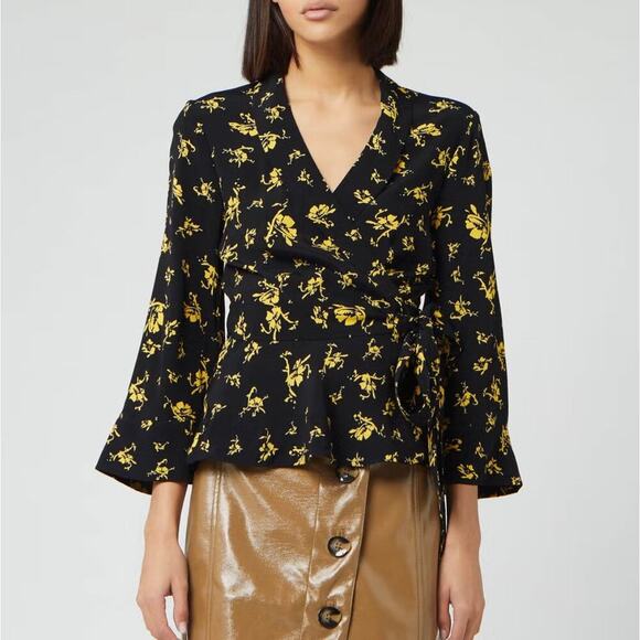 GANNI Floral Wrap Blouse Crepe Top Black Yellow Size 32 3/4 Sleeve Feminine Boho - Picture 1 of 12